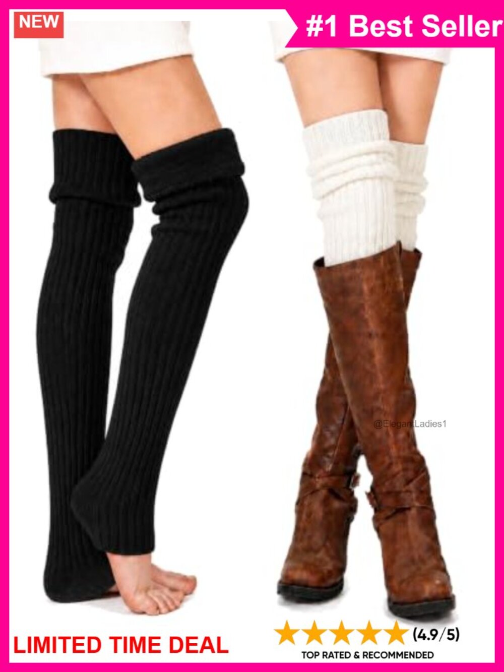 2 Pairs Thigh High Leg Warmers Acrylic Fleece Lined Ribbed Knit Women Winter